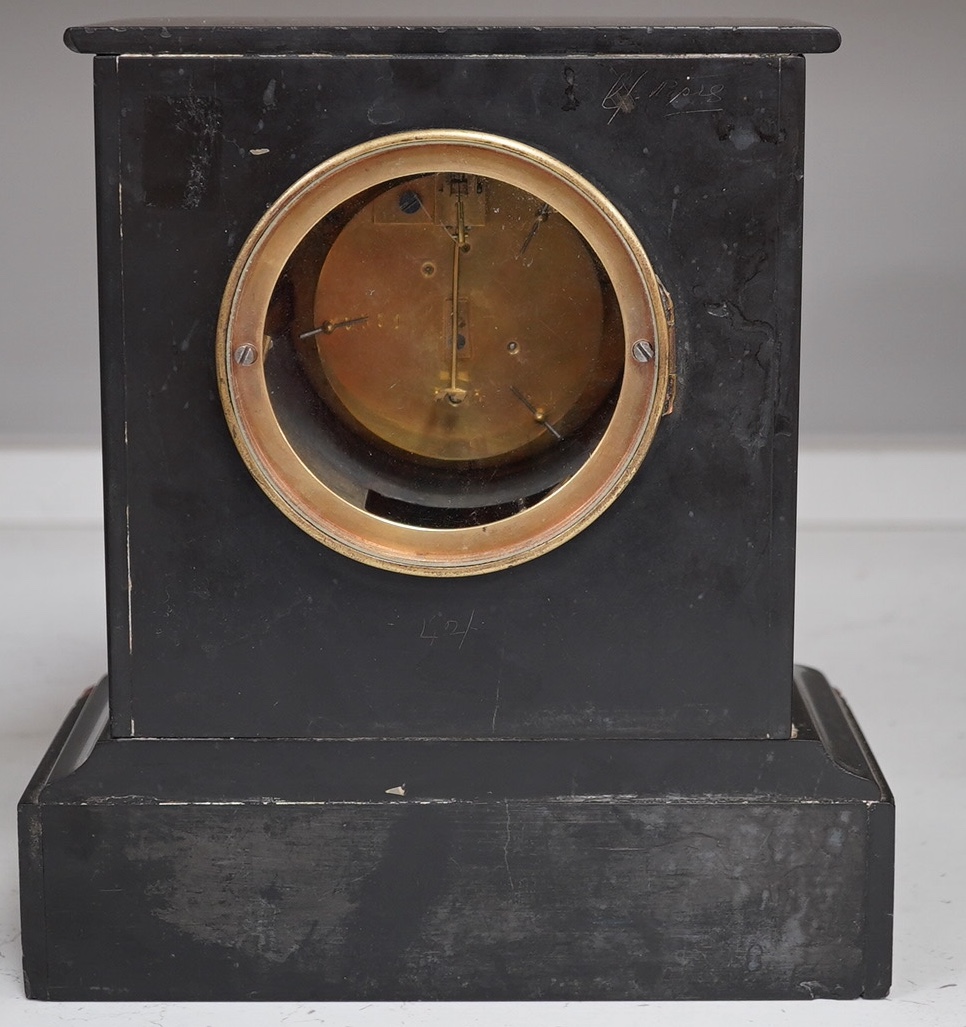 A slate mantel clock and a miniature bracket timepiece, slate clock 25cm high. Condition - miniature bracket time piece, polish on top worn,slate clock has fine scratch.